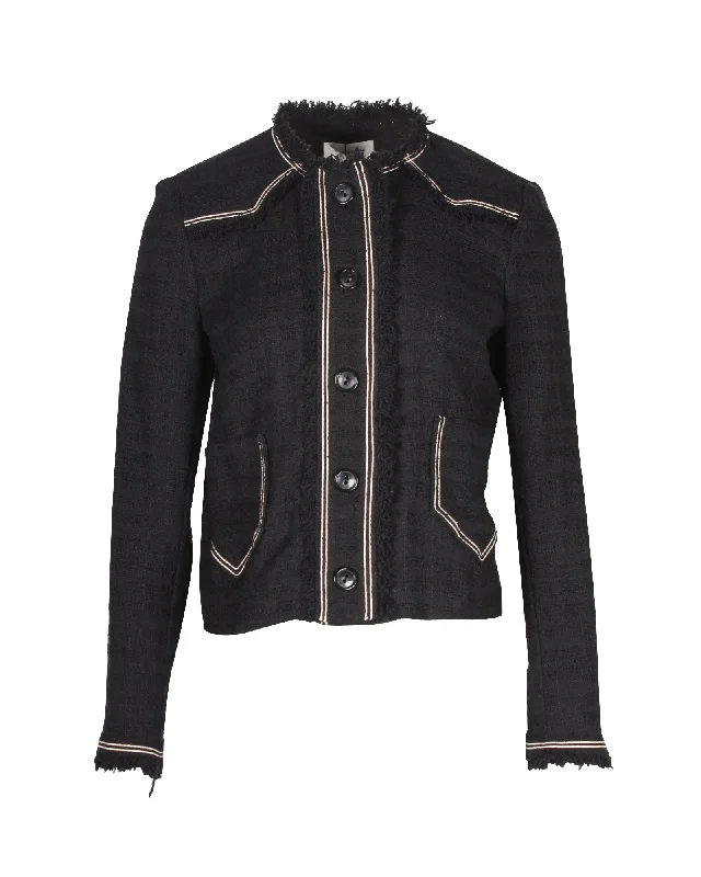 ladies' long hooded winter coat -Isabel Marant Etoile Ferris Fringed Tweed Jacket in Black Cotton