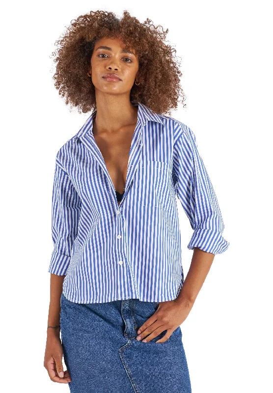 activewear short sleeve tops for women -Rita Navy Blue Stripes Boxy Fit Cotton Shirt