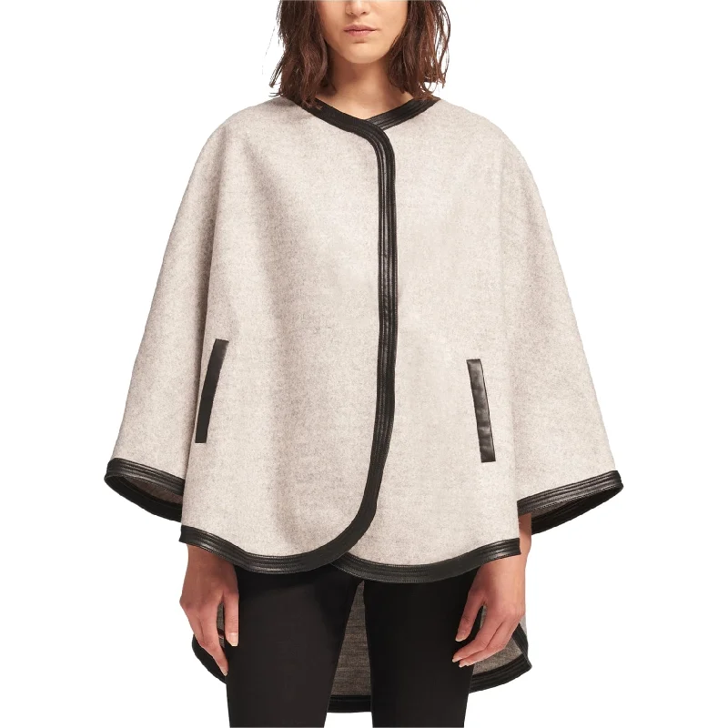 women's thermal long coat -DKNY Womens Faux Leather Trim Poncho Jacket, Grey, Small