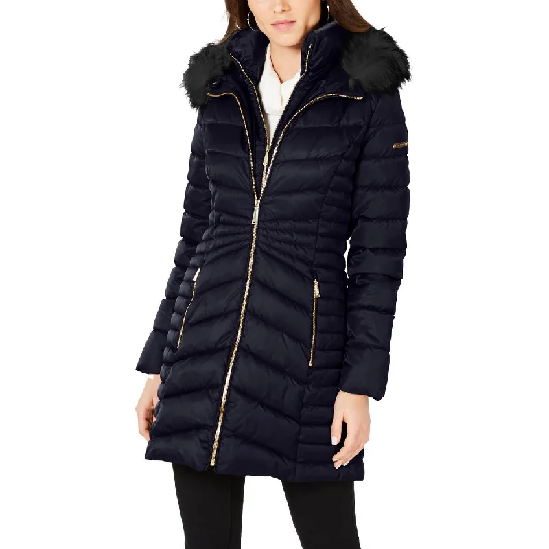 women's outdoor fleece jacket -Laundry by Shelli Segal Womens Faux Fur Trim Hooded Puffer Jacket