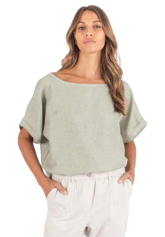 stylish short sleeve tunic for women -Kaori Sage Green Kimono Sleeve Linen Top