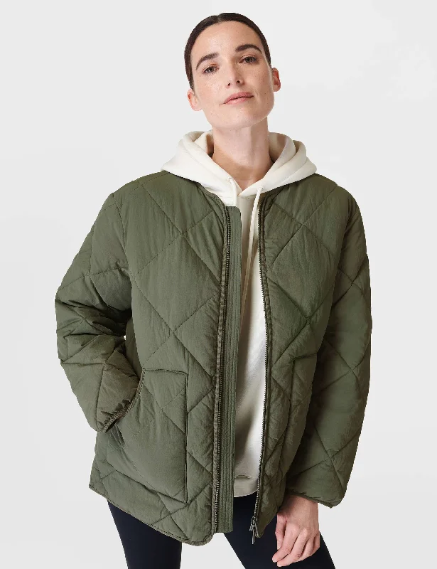 cozy oversized wrap coat for women -On The Move Quilted Jacket - Ivy Green