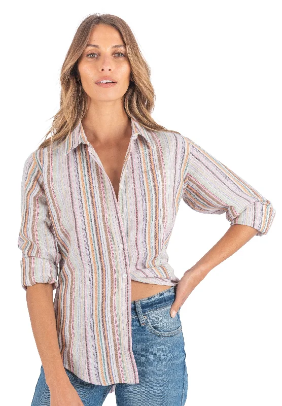 striped casual short sleeve shirts for women -Iris Warm Stripes Classic Fit Linen Shirt