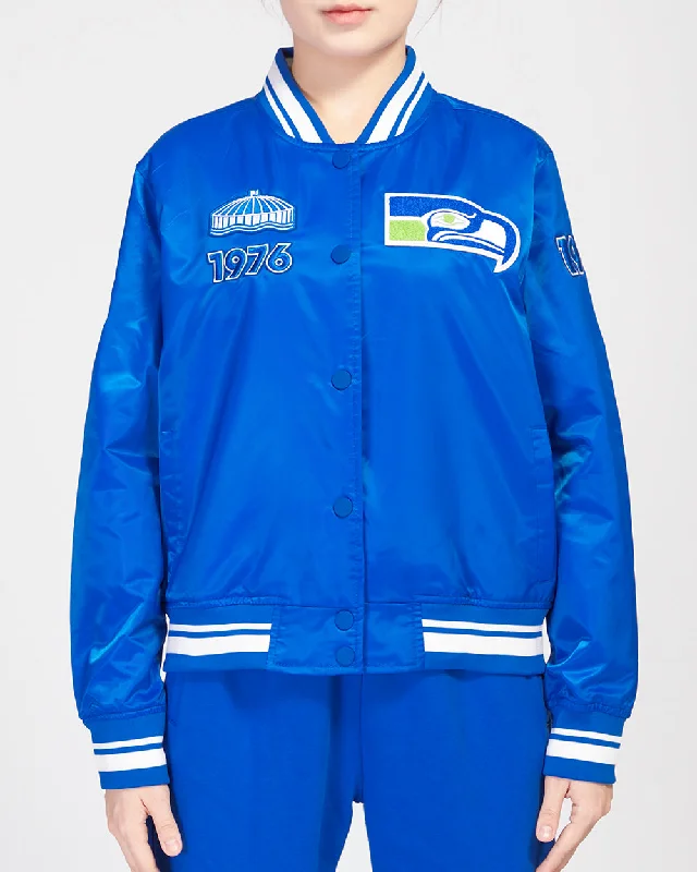 fitted wool blend coat for women -NFL SEATTLE SEAHAWKS RETRO CLASSIC W RIB SATIN JACKET (ROYAL BLUE)