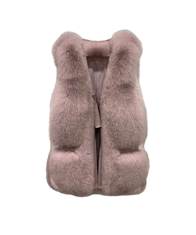 casual zip-up hoodie jacket for women -Genuine Striped Paneled Fox Fur Vest Gilet In Dusty Pink