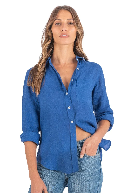 trendy short sleeve tops for women -Iris Royal Blue Classic Fit Linen Shirt