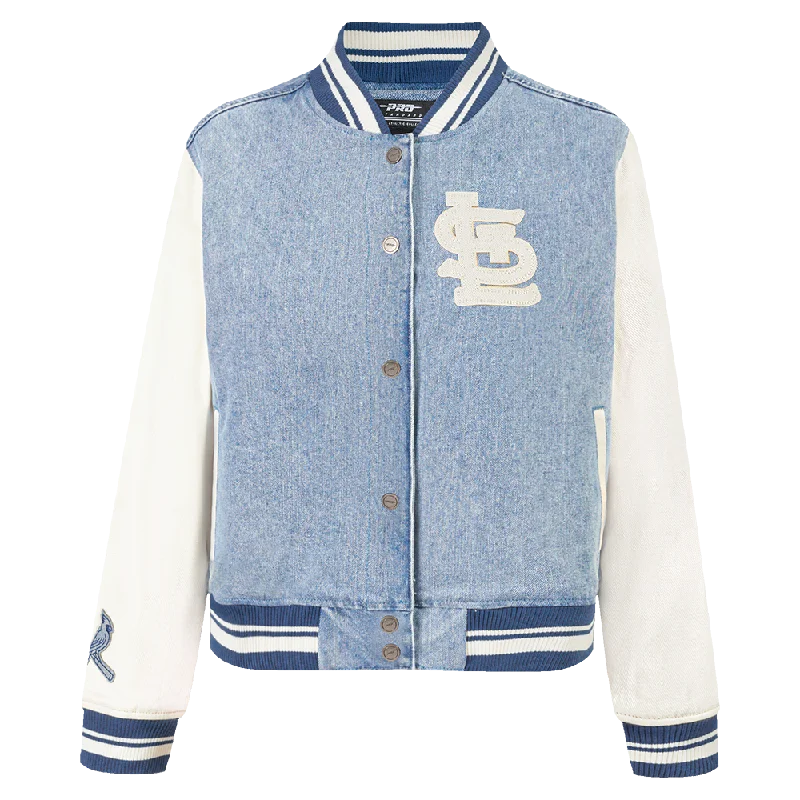 breathable softshell jacket for women -MLB ST. LOUIS CARDINALS VARSITY BLUES WOMEN'S DENIM VARSITY JACKET (DENIM/LINEN)