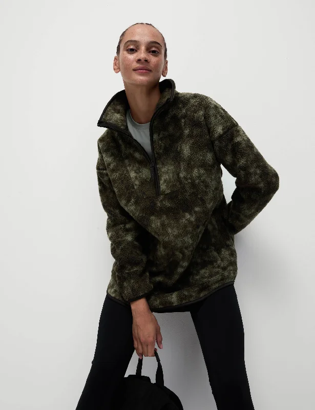 women's travel-friendly jacket -Borg Half Zip Longline Fleece Jacket - Khaki Mix