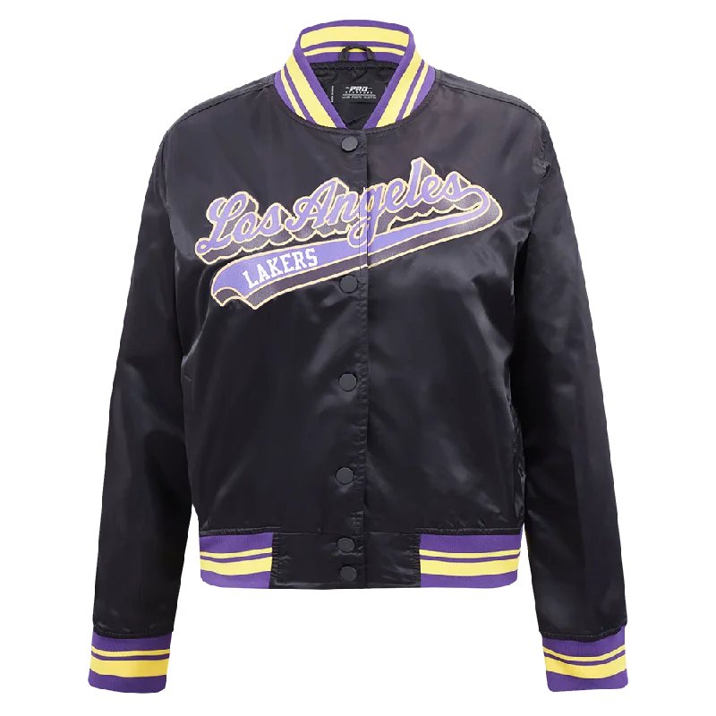 women's long trench coat -NBA LOS ANGELES LAKERS SCRIPT TAIL WOMEN'S SATIN JACKET (BLACK/PURPLE)