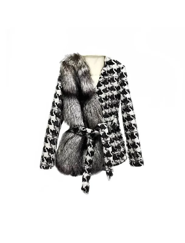 winter-ready women's parka -Houndstooth One Sided Fox Fur Trim Belted Wool Jacket