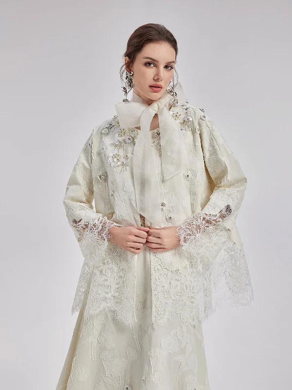 long elegant trench coat for women -Custom Beaded Lace Jacquard Coat