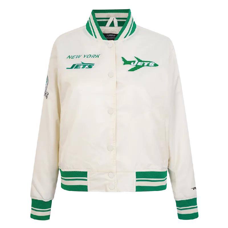 women's double-breasted coat -NFL NEW YORK JETS RETRO CLASSIC WOMEN'S RIB SATIN JACKET (EGGSHELL/ KELLY GREEN)