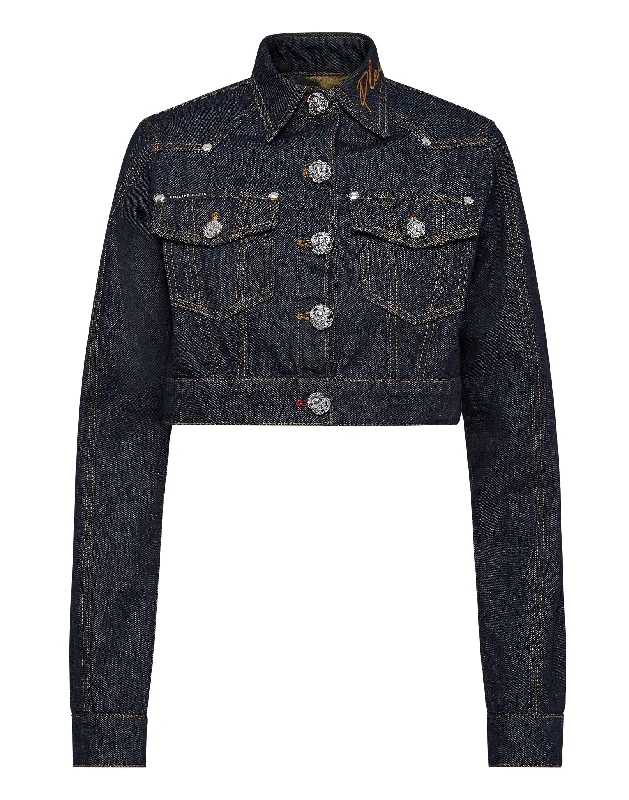 women's reversible coat -Denim Cropped Jacket Chains