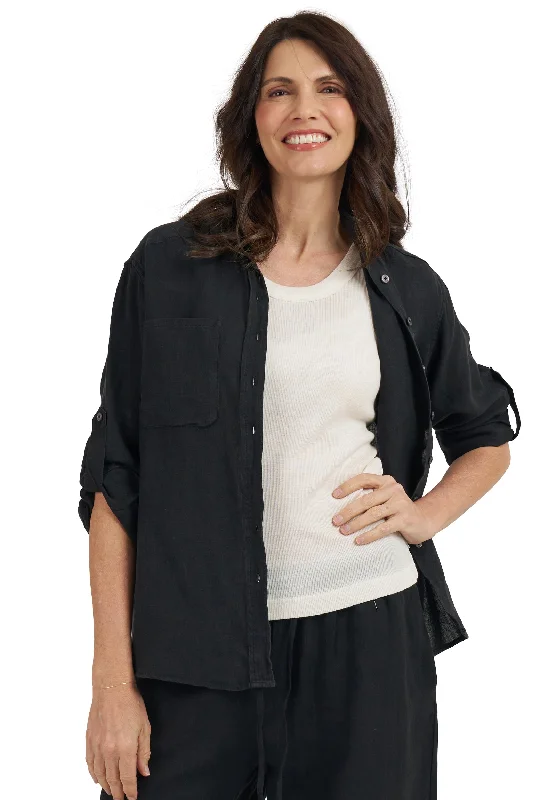 stylish asymmetrical short sleeve tops for women -Luna Black Oversized Linen Shirt with Pockets