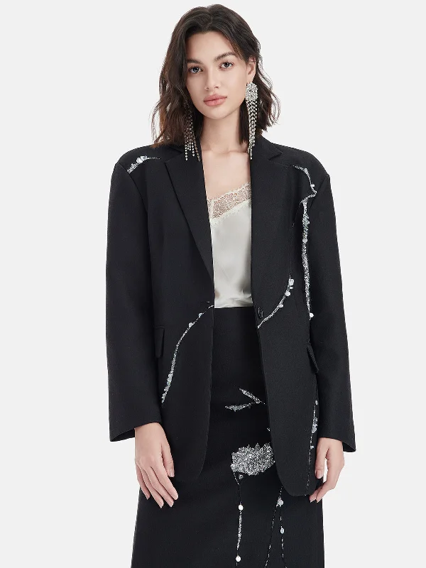 stylish longline coat for women -Artistic Sequin Detail Wool Suit