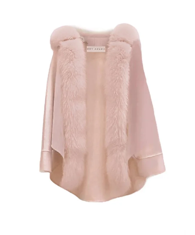 casual oversized shacket for women -Oversized Australian Wool Fox Fur Trim Poncho In Pink