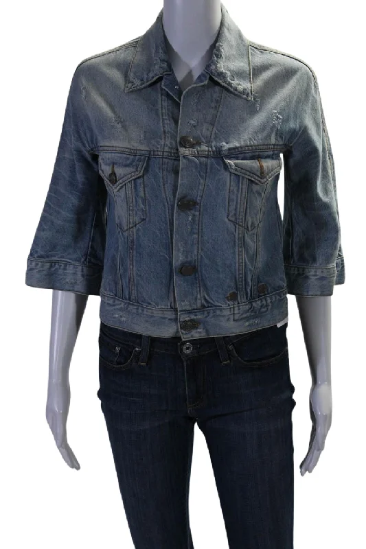 women's belted trench coat -R13 Womens Cotton Distressed 3/4 Sleeve Denim Jacket Blue