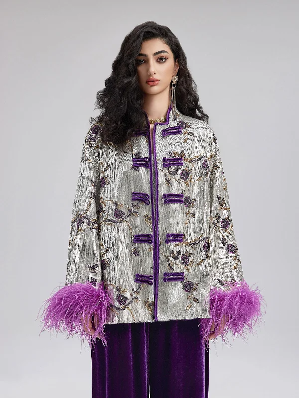 women's long trench coat -Oriental-Inspired Sequin Removable Feather Jacket