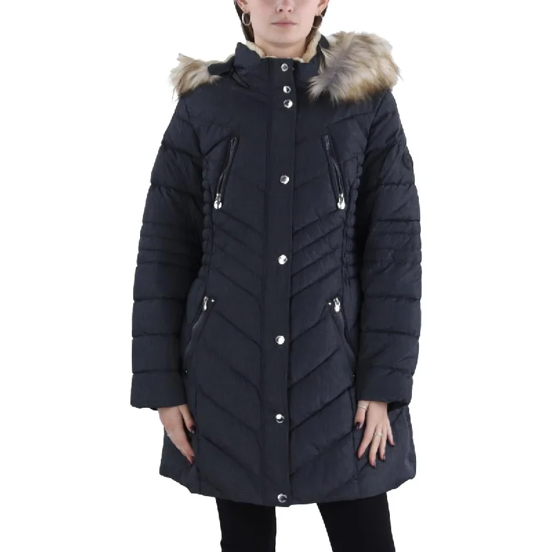 women's faux fur coat -Laundry by Shelli Segal Womens Plus Faux Fur Trim Hooded Puffer Jacket