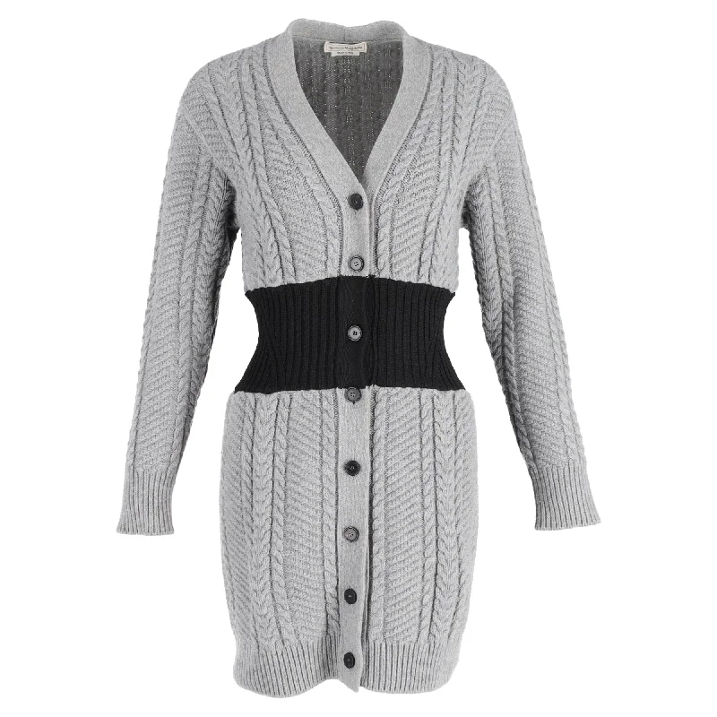 structured blazer jacket for women -Alexander McQueen Longline Cable-Knit Cardigan in Grey Wool