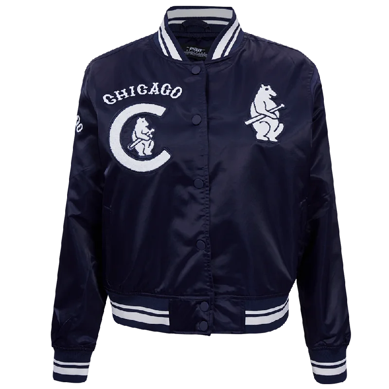 urban style cropped puffer jacket -MLB CHICAGO CUBS RETRO CLASSIC WOMEN'S RIB SATIN JACKET (MIDNIGHT NAVY)