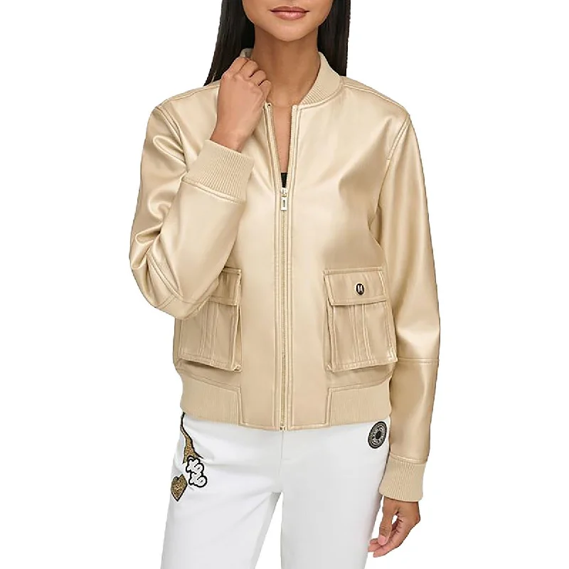 urban style cropped puffer jacket -Karl Lagerfeld Paris Womens Faux Leather Lightweight Bomber Jacket