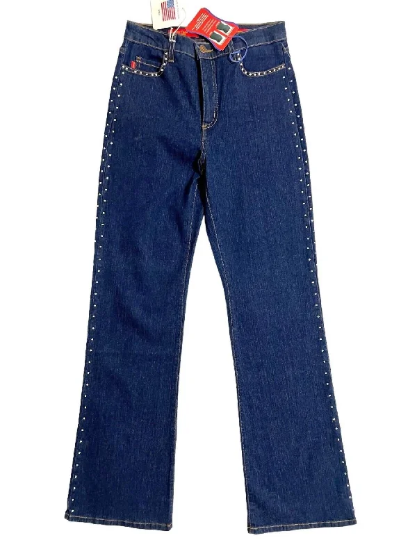 cropped kick-flare jeans for women -Women's Tummy Bootcut Rhinestone Embellished Tuck Jeans In Blue