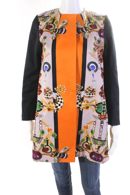 ladies' faux suede jacket -Mary Katrantzou Womens Gem Print Snap Closure Jacket Pink Navy Orange