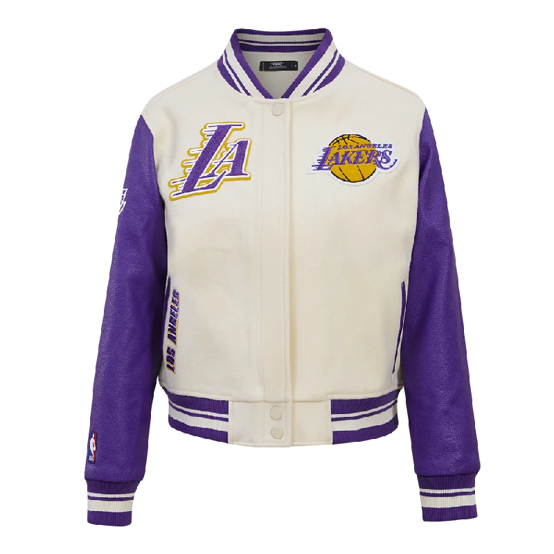 casual coats for women -NBA LOS ANGELES LAKERS RETRO CLASSIC WOMEN'S RIB WOOL VARSITY JACKET (EGGSHELL/ PURPLE)