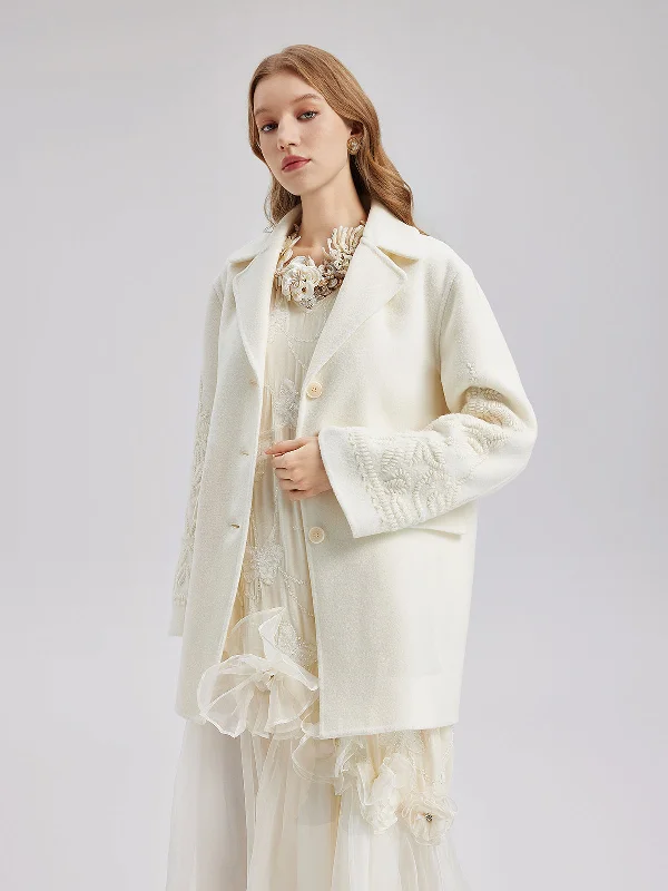 women's teddy bear coat -Luxury Wool Embroidered Coat