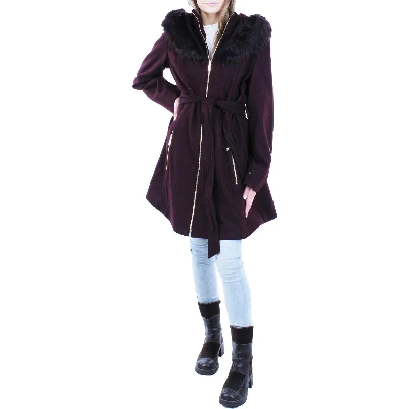 classic trench raincoat for women -Laundry by Shelli Segal Women's Belted Mid-Length Faux Fur Trim Wool Blend Coat