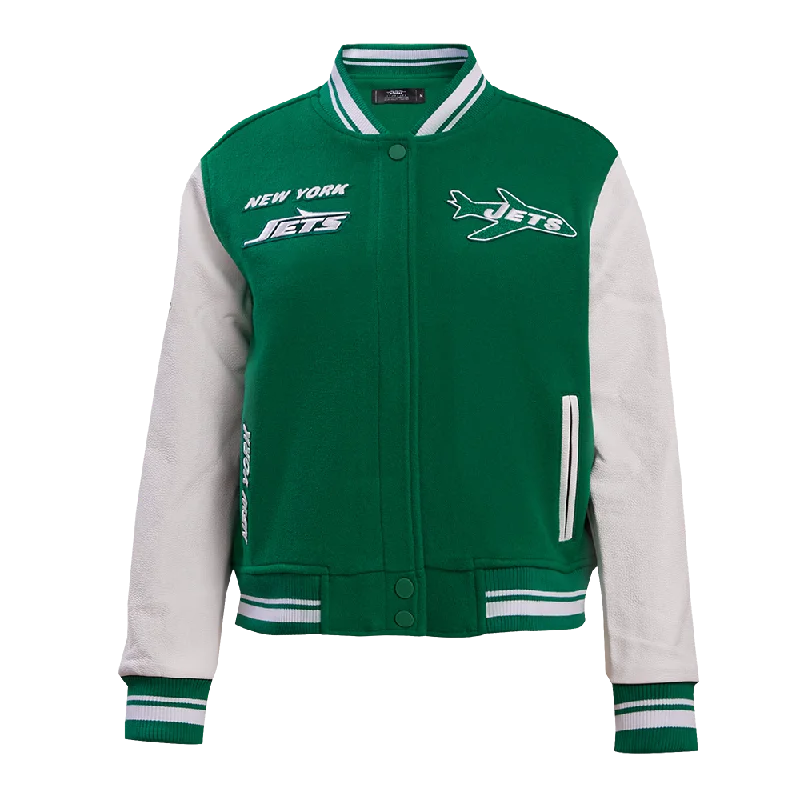 oversized women's coat -NFL NEW YORK JETS RETRO CLASSIC WOMEN'S RIB WOOL VARSITY JACKET (KELLY GREEN/ WHITE)