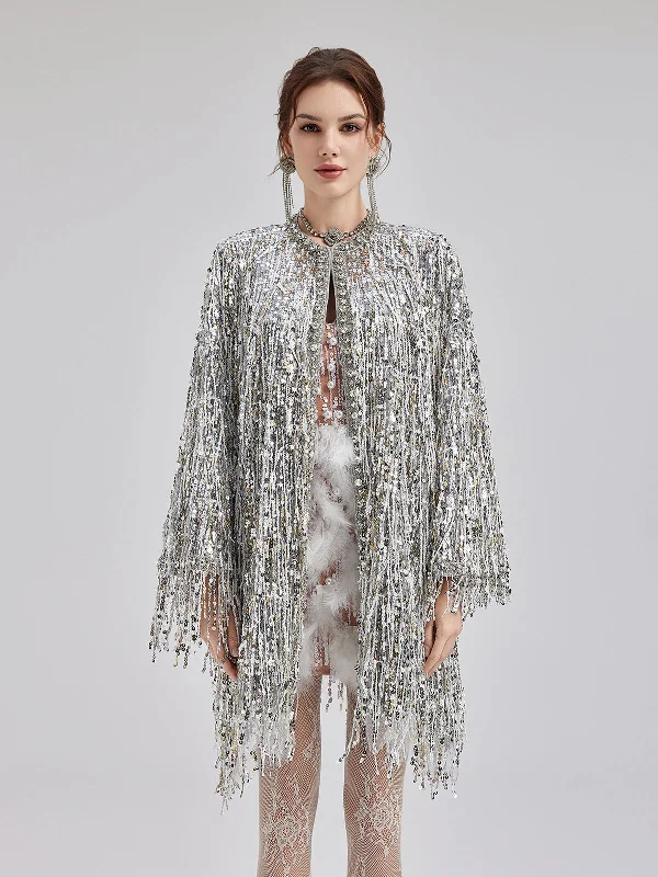 women's faux fur-lined parka -Sequin Beaded Tassel Cape Coat