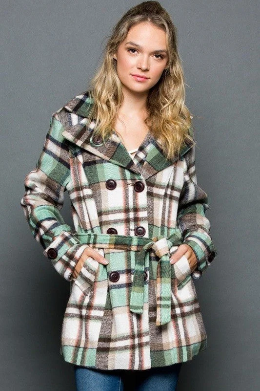 zip-up casual anorak jacket for women -Plaid Wool Blend Coat