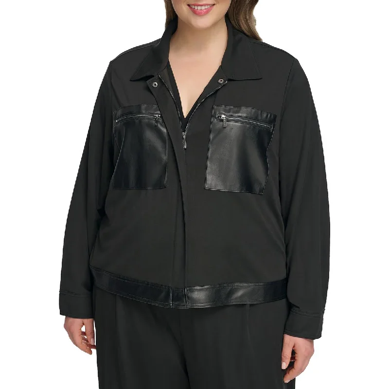 ladies' sporty windbreaker -Calvin Klein Womens Plus Faux Leather Trim Lightweight Shirt Jacket