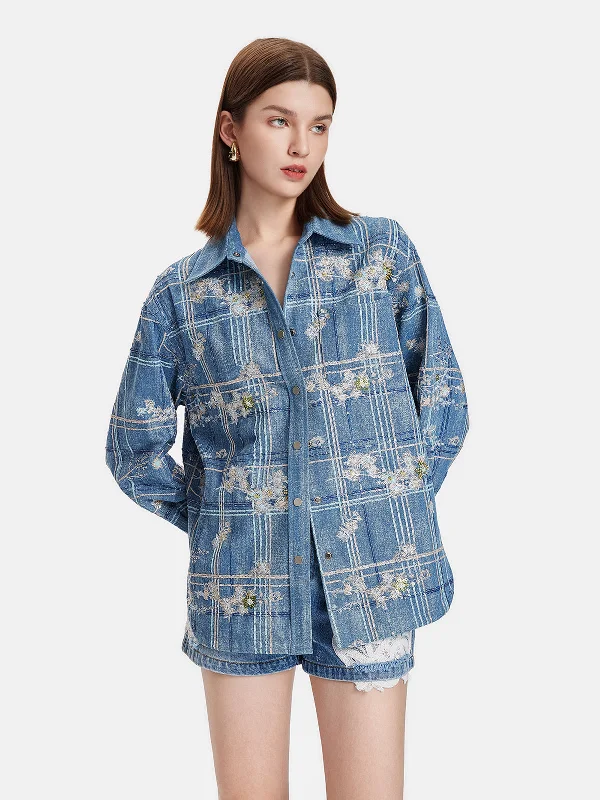 women's elegant cape coat -Beaded Embroidery Plaid Denim Shirt Jacket