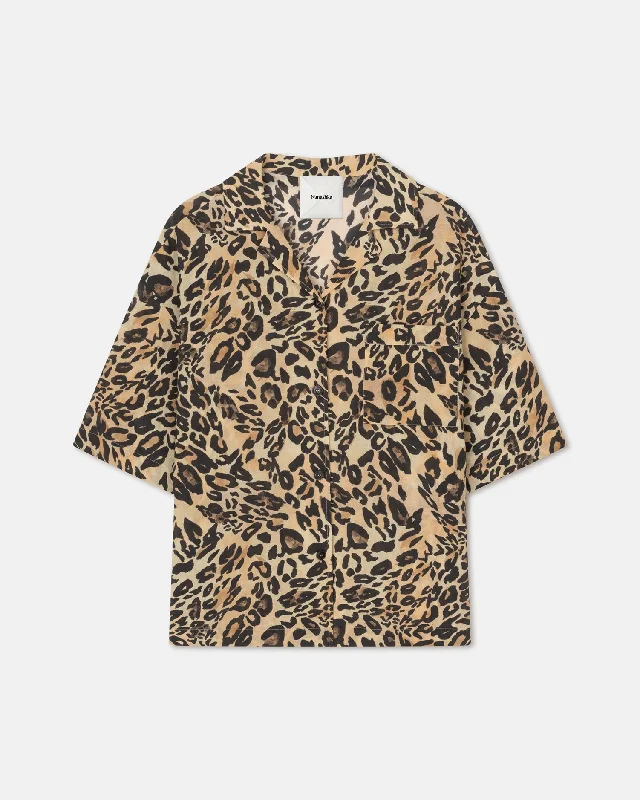 button detail short sleeve tops for women -Katnis - Printed Cotton-Voile Shirt - Leopard