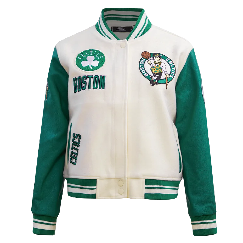 women's winter coat -NBA BOSTON CELTICS RETRO CLASSIC WOMEN'S RIB WOOL VARSITY JACKET (EGGSHELL/ KELLY GREEN)