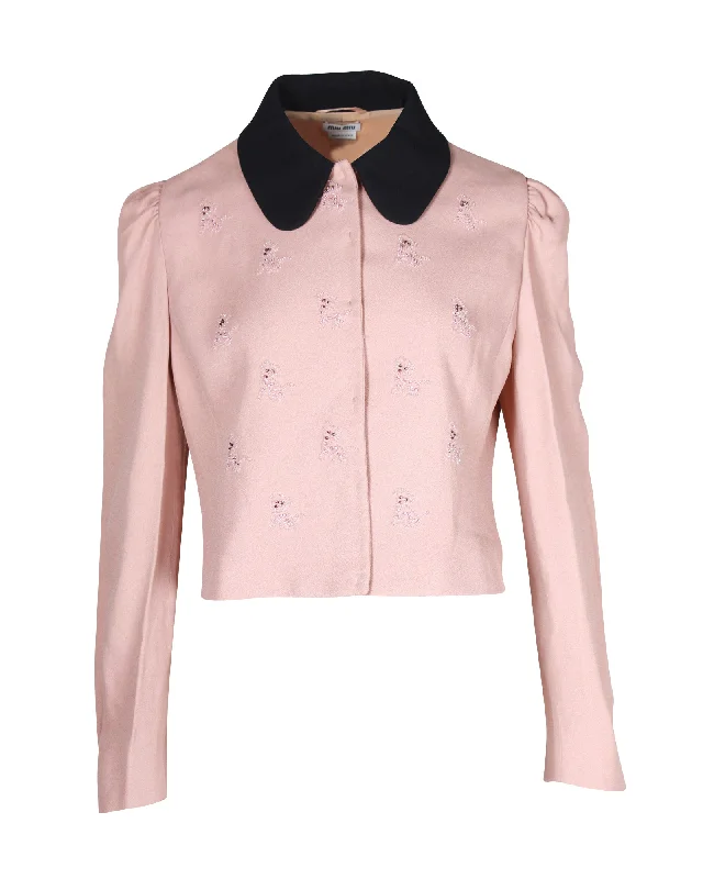 women's outdoor fleece jacket -Miu Miu Dog Motif Embellished Cropped Jacket in Pink Acetate