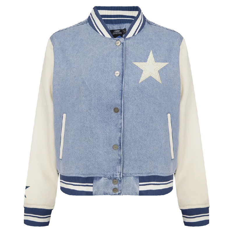 ladies' faux suede jacket -NFL DALLAS COWBOYS VARSITY BLUES WOMEN'S DENIM VARSITY WOMEN'S JACKET (DENIM/LINEN)