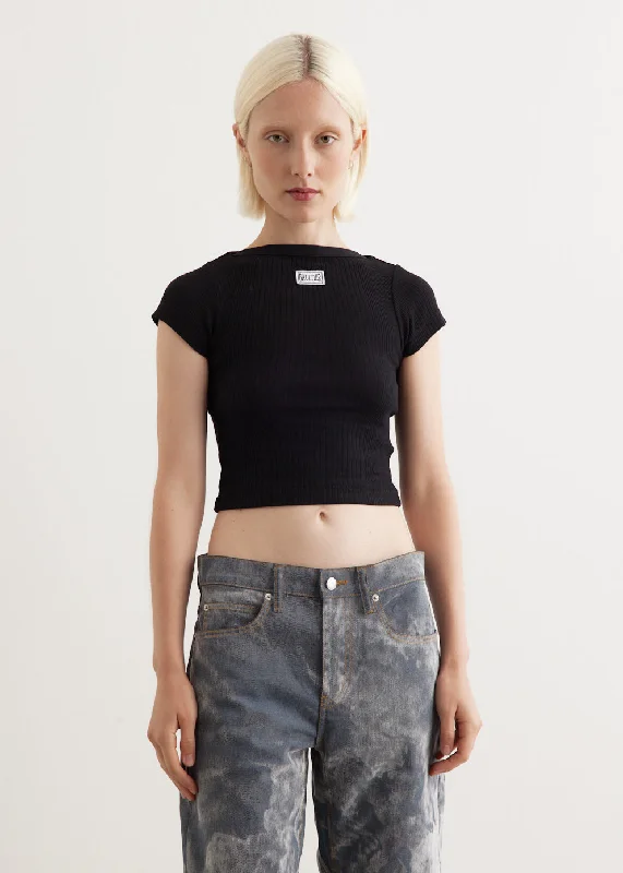 ladies' button-up short sleeve blouse -Crop Baby Tee With Gaultier Patch