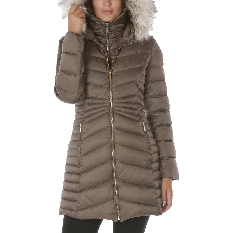 stylish knit jacket for women -Laundry by Shelli Segal Women's Quilted 3/4 Bib Puffer Coat with Faux Fur Trim