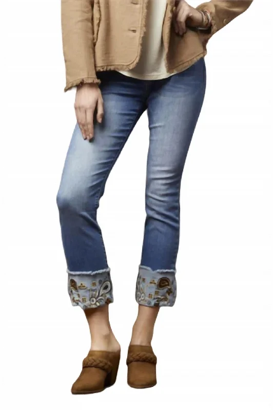 vintage-inspired wide jeans for ladies -Omg Straight Embroidered Bottom Jeans In Medium Denim