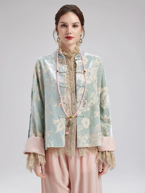 stylish fleece-lined coat for women -Neo Chinese Style Velvet Floral Jacket（Includes Necklace）