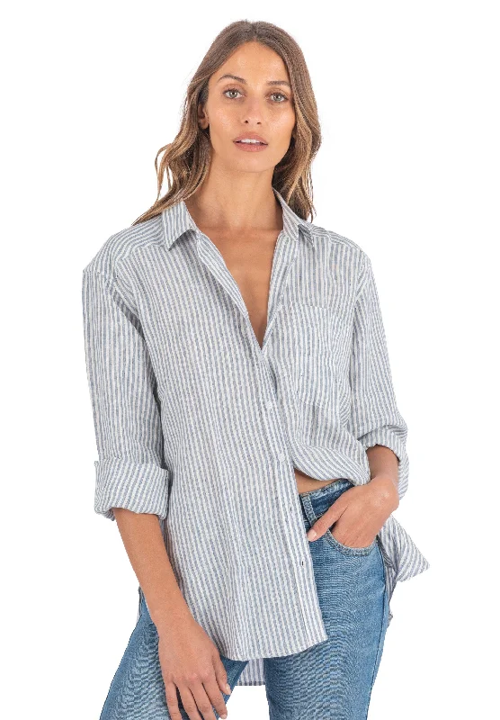 ladies' chiffon short sleeve blouse -Poppy-Linen Blue Stripes Oversized Linen Shirt