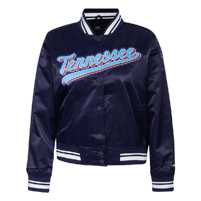 ladies' designer overcoat -NFL TENNESSEE TITANS SCRIPT TAIL WOMEN'S SATIN JACKET (MIDNIGHT NAVY)