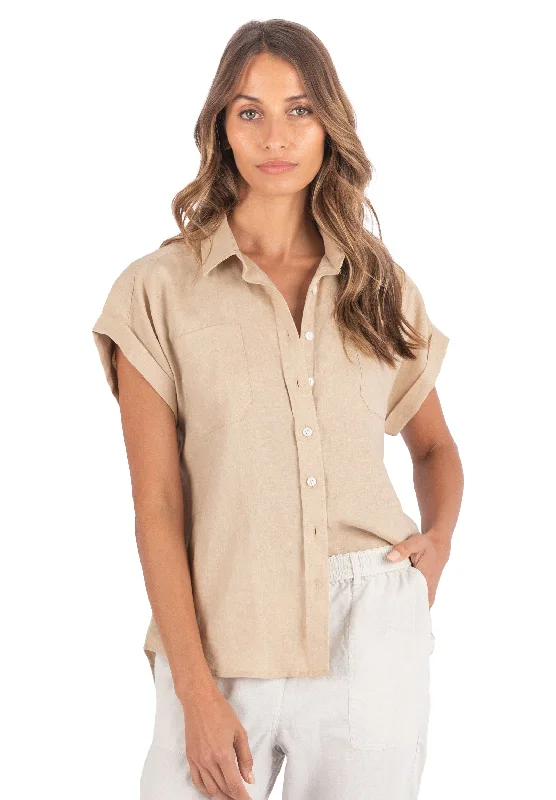 summer fashion short sleeve tops for women -Capri Caffe Latte SS Linen Shirt