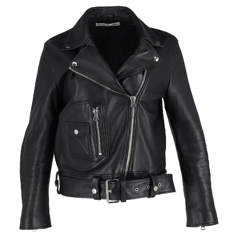 casual coats for women -Acne Studios Zip Up Biker Jacket in Black Leather