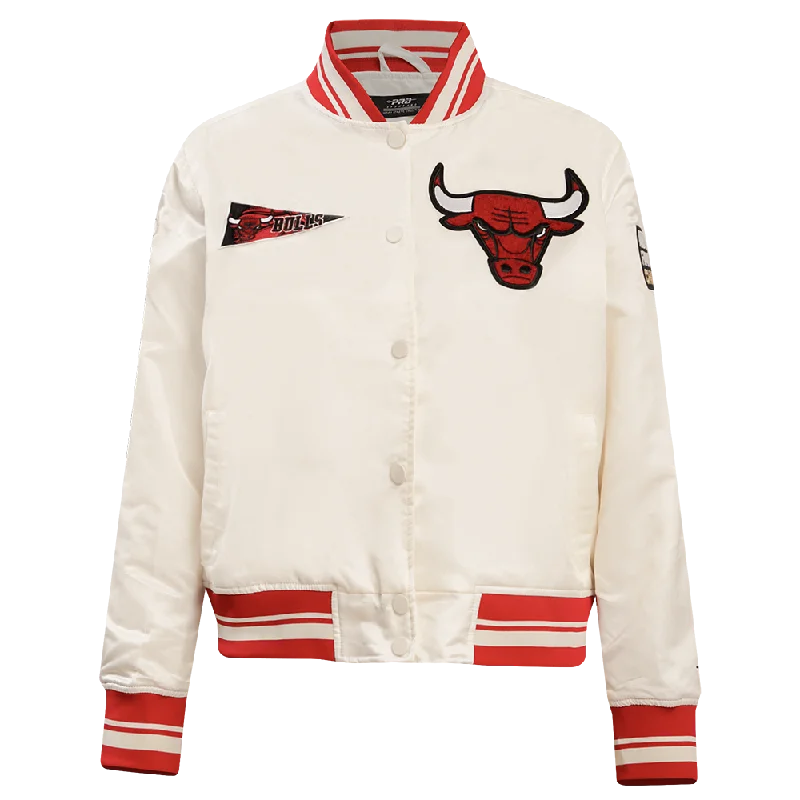 women's faux fur coat -NBA CHICAGO BULLS RETRO CLASSIC WOMEN'S RIB SATIN JACKET (EGGSHELL/ RED)