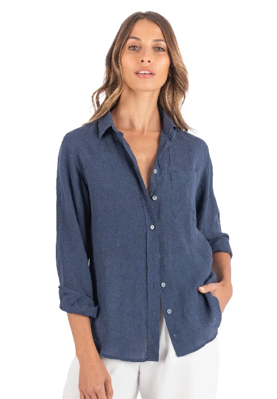 casual work short sleeve tops for women -Iris Washed Blue Classic Fit Linen Shirt